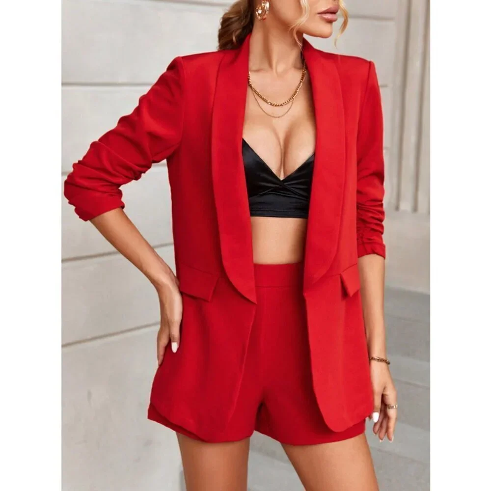 red classy Shawl Collar Ruched Sleeve Blazer & Shorts